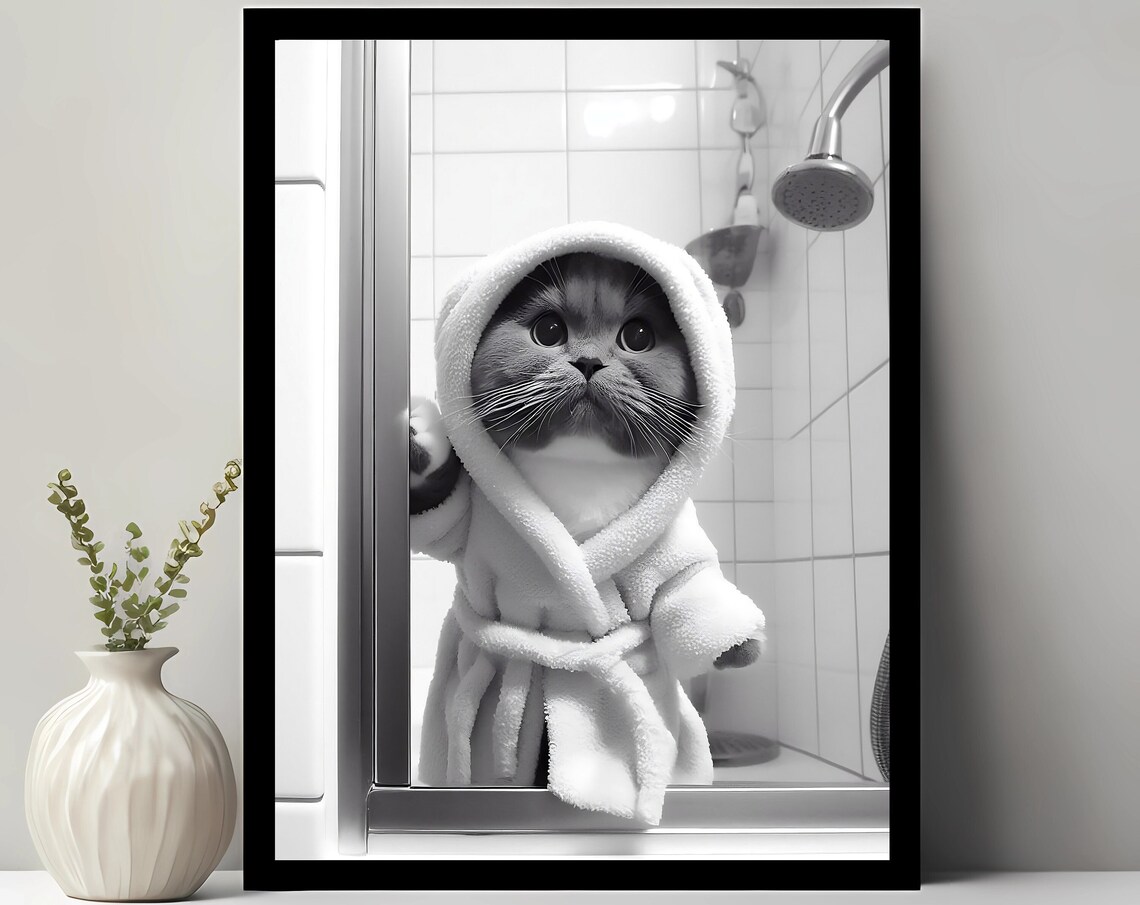 Scottish Fold Art Bathroom Cat Photo Wall Print Funny Decor