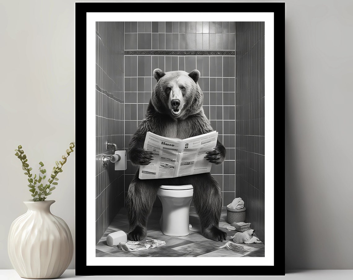 Bear Print Funny Bathroom Decor, Whimsy Art Poster