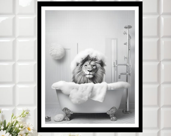 Lion In A Bathtub Bathroom Safari Animal Art Print