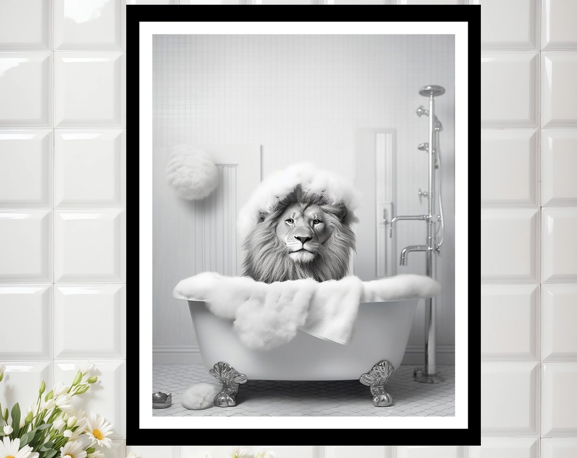 Lion In A Bathtub Bathroom Safari Animal Art Print