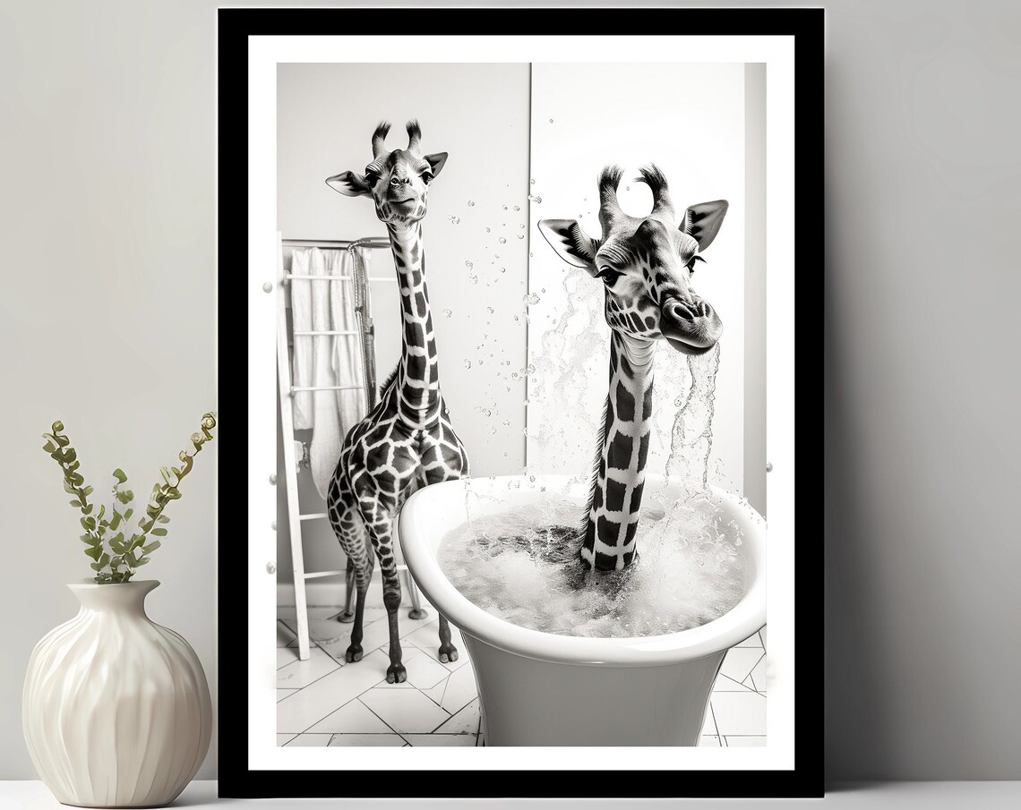 Cute Giraffe In Tub Wall Art Bathroom Kids Decor Animal Funny