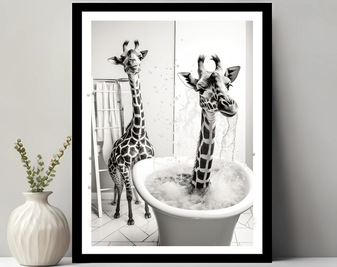 Playful Giraffes In A Bathtub Black And White Kids Bathroom Poster