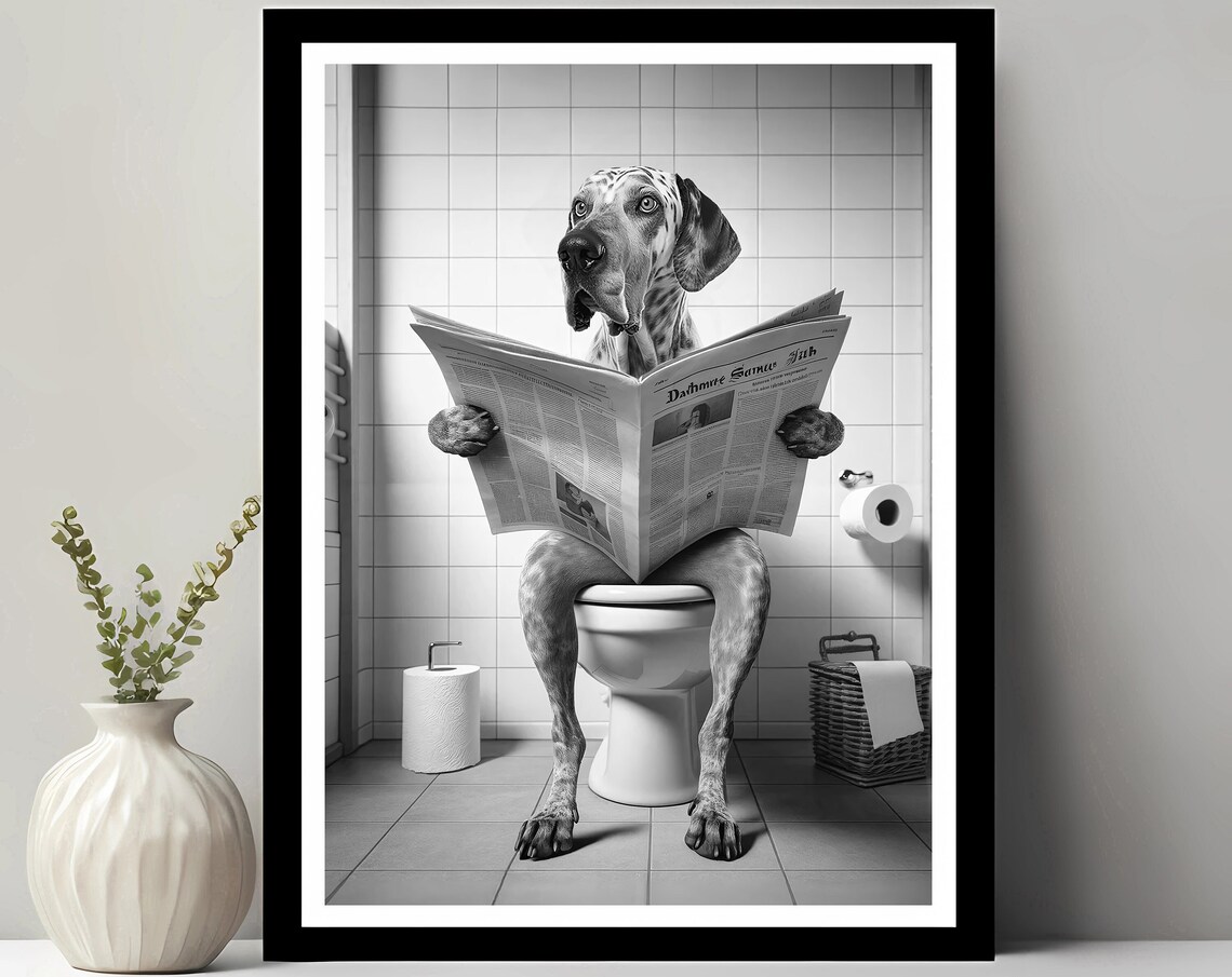 Great Dane Reading Newspaper Toilet Funny Black White Bathroom Poster