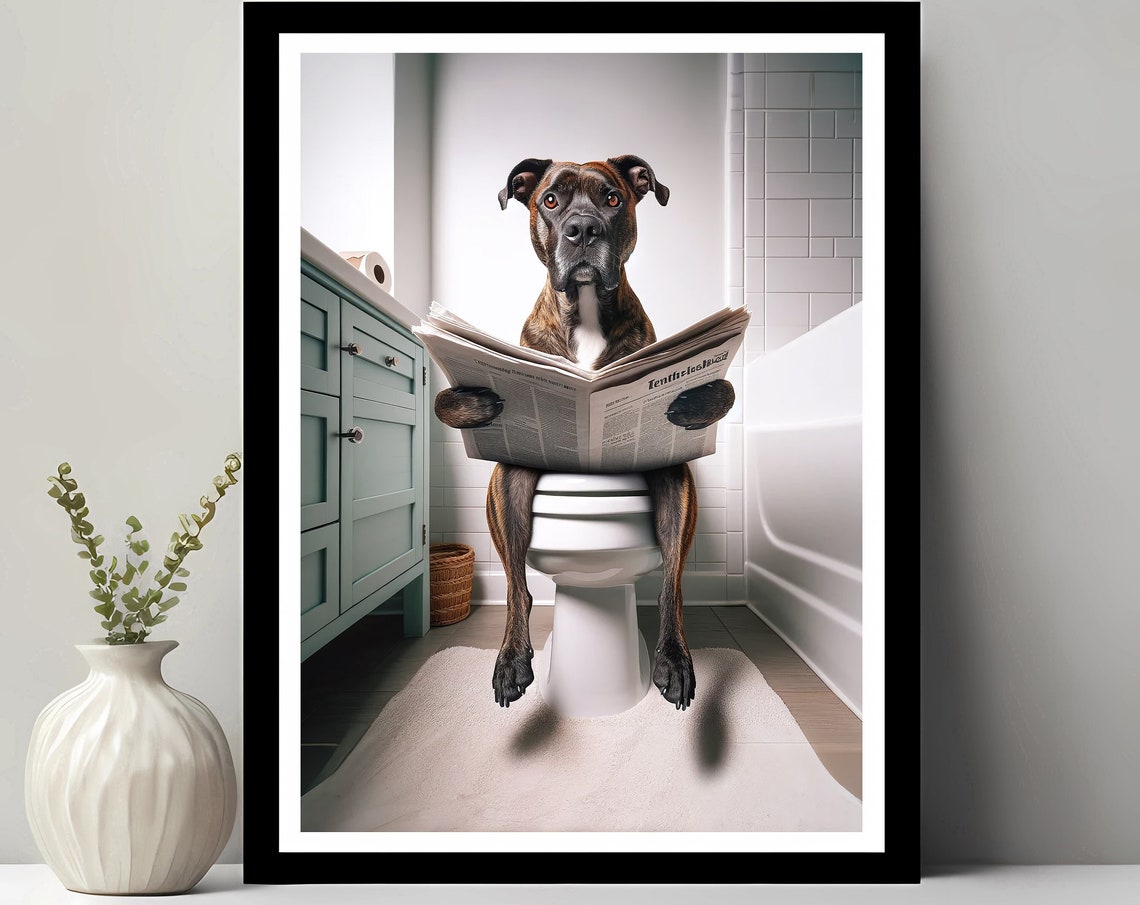 Treeing Tennessee Brindle Newspaper Toilet Funny Bathroom Art Poster