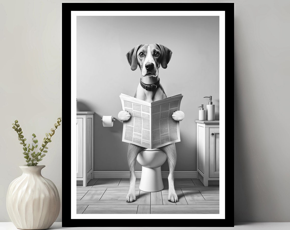 Harrier Dog Reading Newspaper Toilet Funny Black White Bathroom Poster