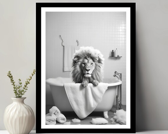 Adorable Lion In Tub Wall Art Bathroom Kids Decor Animal Funny