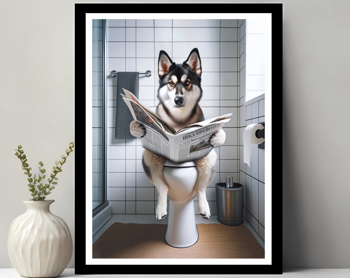 Siberian Husky on Toilet Reading Newspaper Funny Bathroom Poster