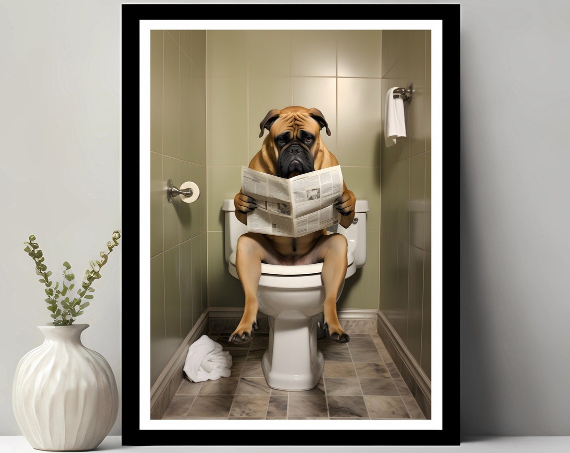 Bullmastiff Reading Newspaper On The Toilet Funny Bathroom Poster