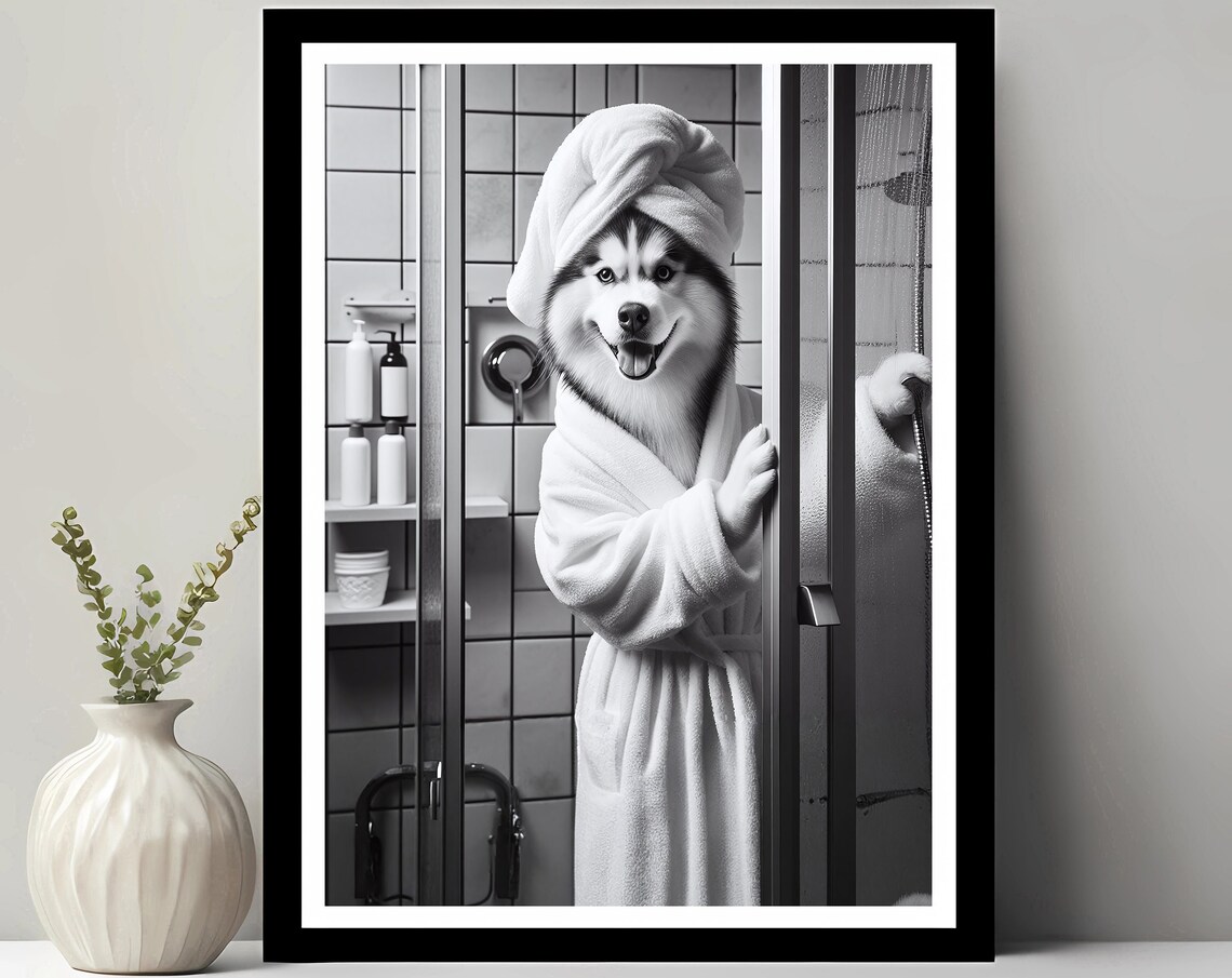 Husky Bathroom Art Print, Funny Dog Decor