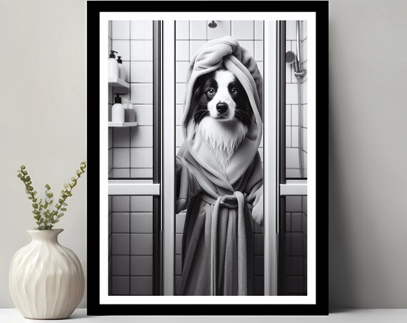 Border Collie Bathroom Humor Art Print, Pet Gift