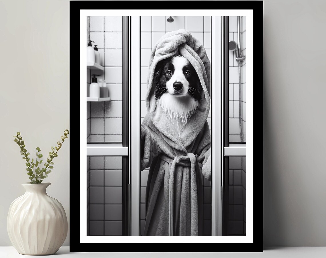 Border Collie Bathroom Humor Art Print, Pet Gift