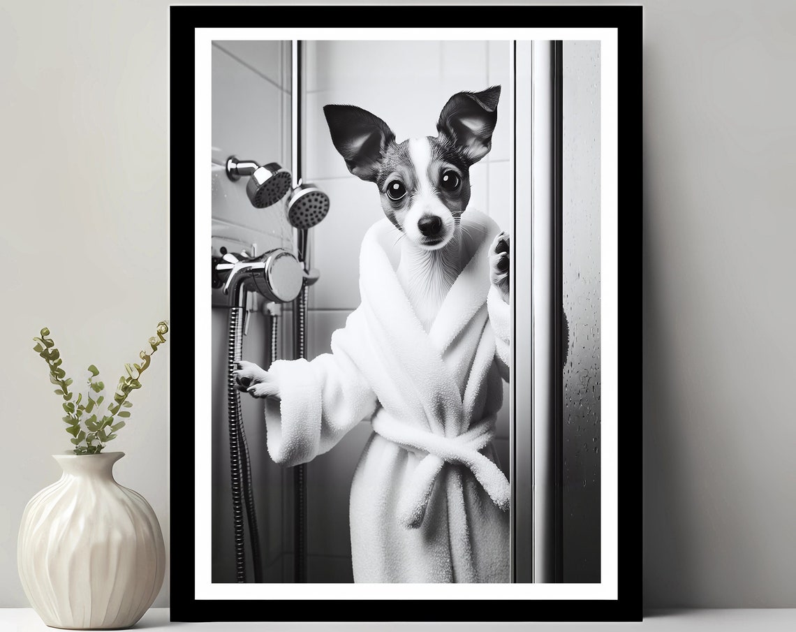 Small Terrier Dog in a Bathrobe at the Shower Door Funny Poster