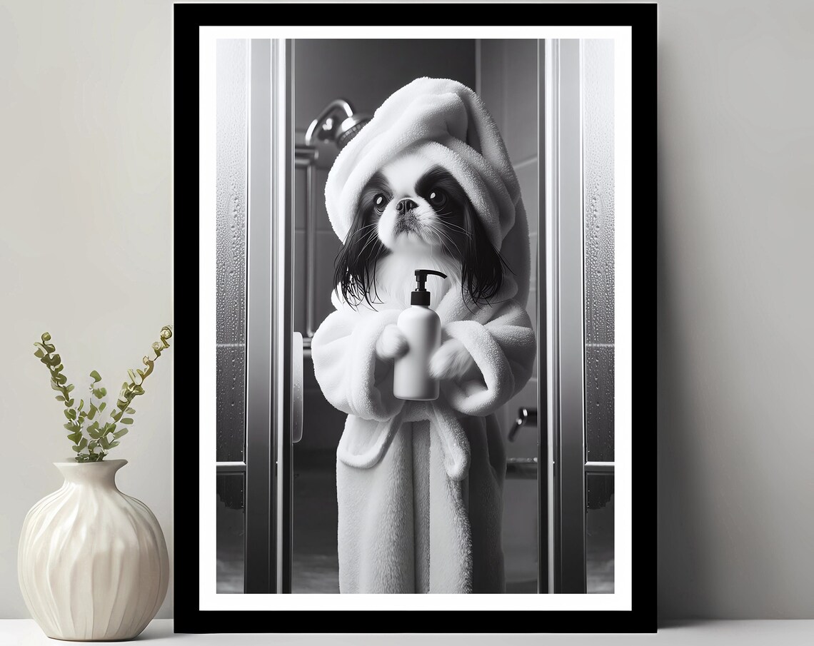 Japanese Chin Bathroom Wall Art, Funny Pet Print