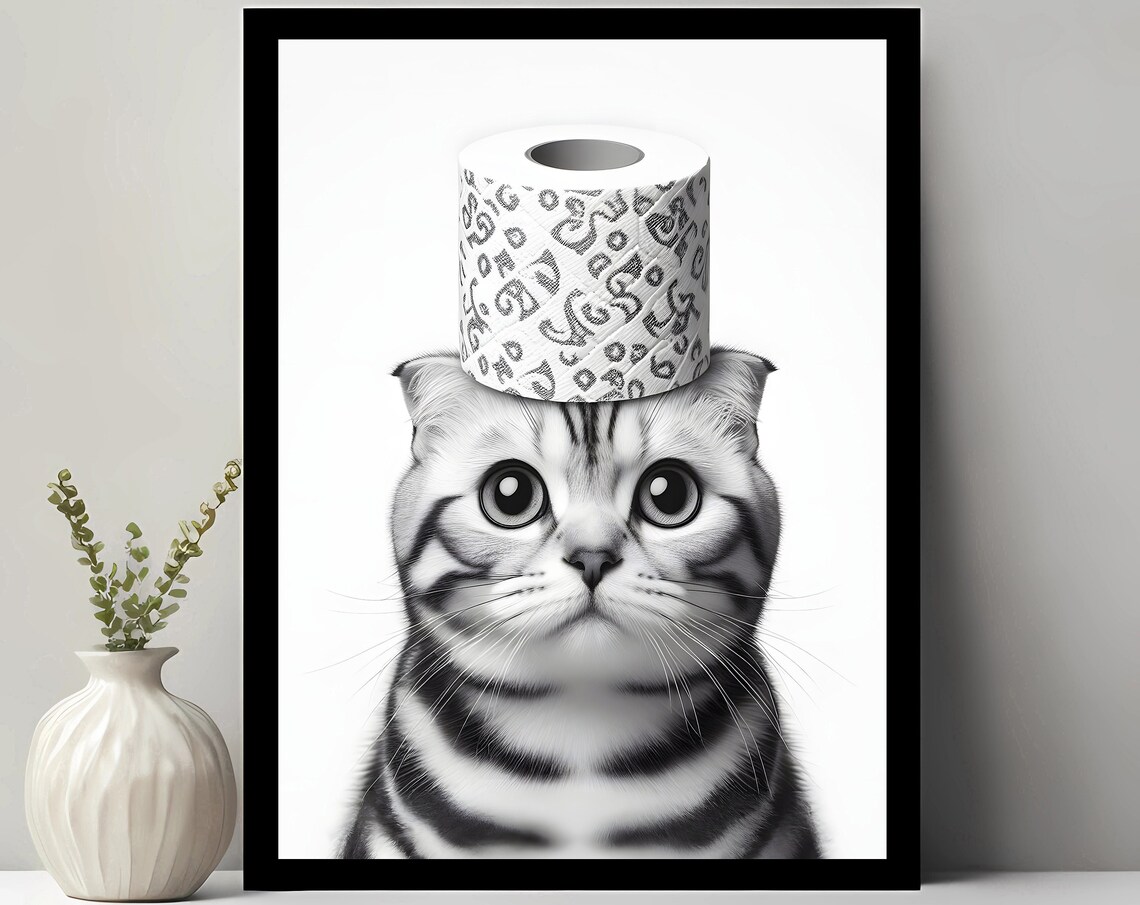 Tabby Cat with Toilet Paper Roll on Head Funny Bathroom Poster