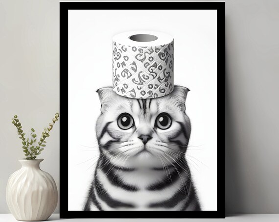Tabby Cat with Toilet Paper Roll on Head Funny Bathroom Poster
