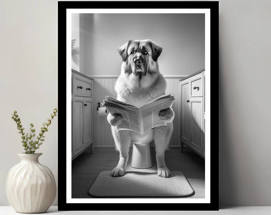 Big Fluffy Dog Reading Newspaper on Toilet Funny Bathroom Poster