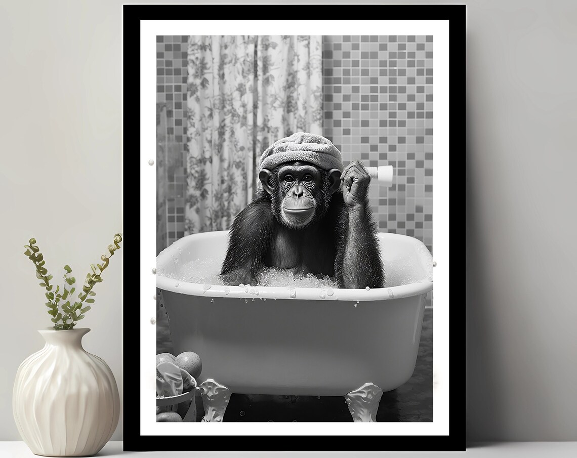 Cute Chimpanzee In Tub Art Print, Funny Bathroom Decor