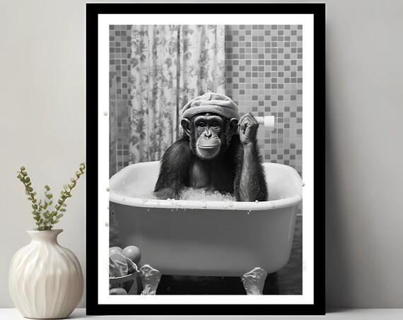 Cute Chimpanzee In Tub Art Print, Funny Bathroom Decor