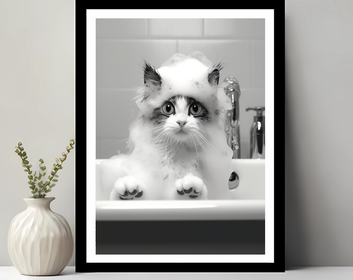 Cute Cat In Tub Bathroom Animal Funny Decor Art Print