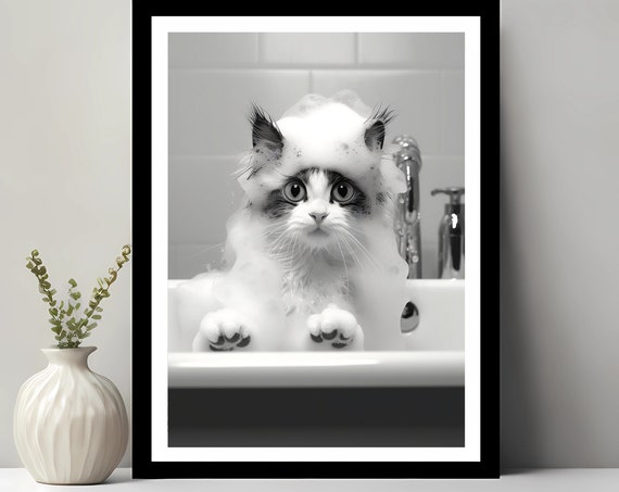 Cute Cat In Tub Bathroom Animal Funny Decor Art Print