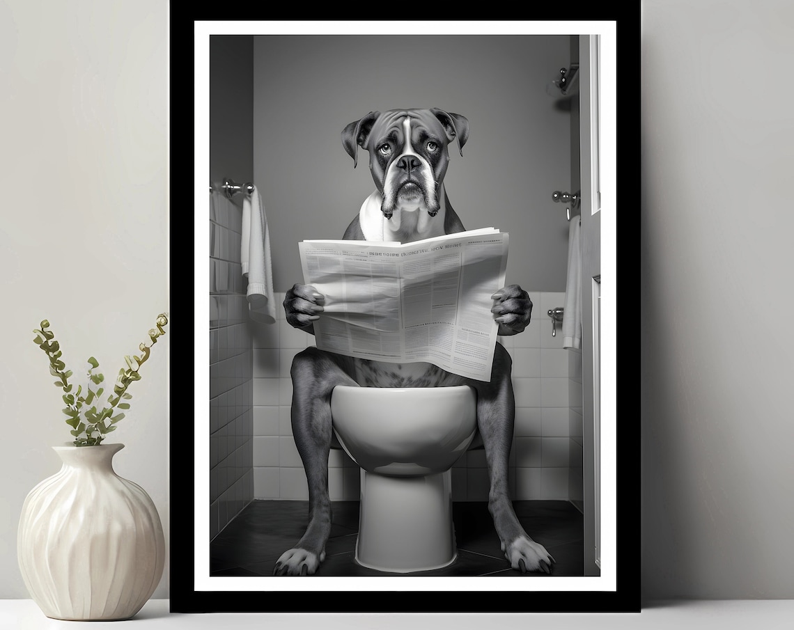 Boxer Dog Funny Bathroom Decor, Animal Art Print