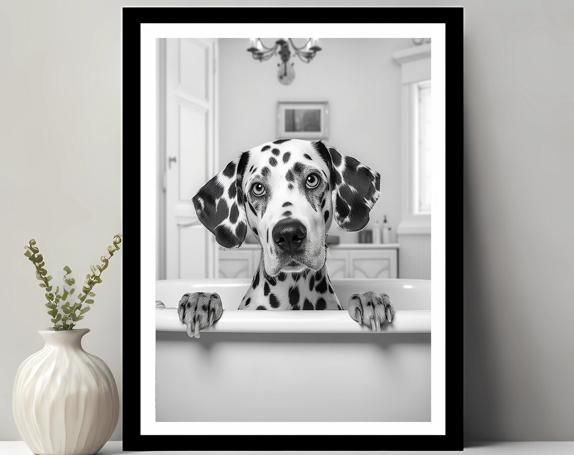 Happy Dalmatian In Tub Bathroom Wall Art Print