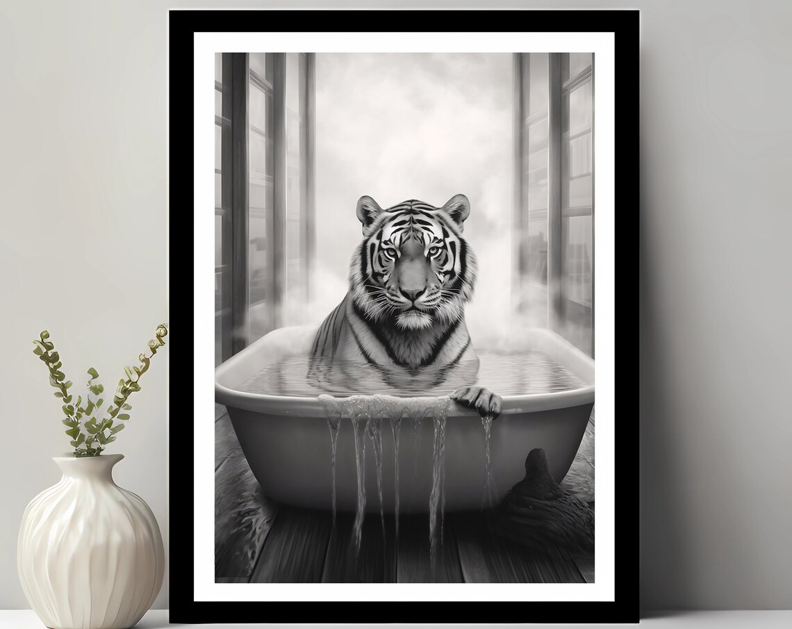 Cute Tiger In Tub Art Print, Funny Bathroom Decor
