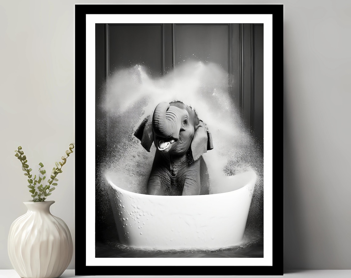 Baby Elephant Splashing in Bathtub Funny Black White Art Poster