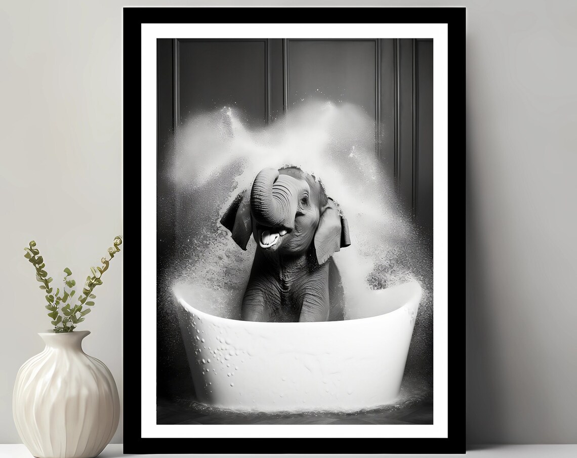 Cute Elephant In Tub Wall Art Photo Bathroom Print Animal Funny Decor