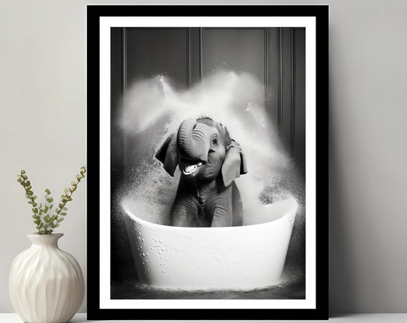 Cute Elephant In Tub Wall Art Photo Bathroom Print Animal Funny Decor
