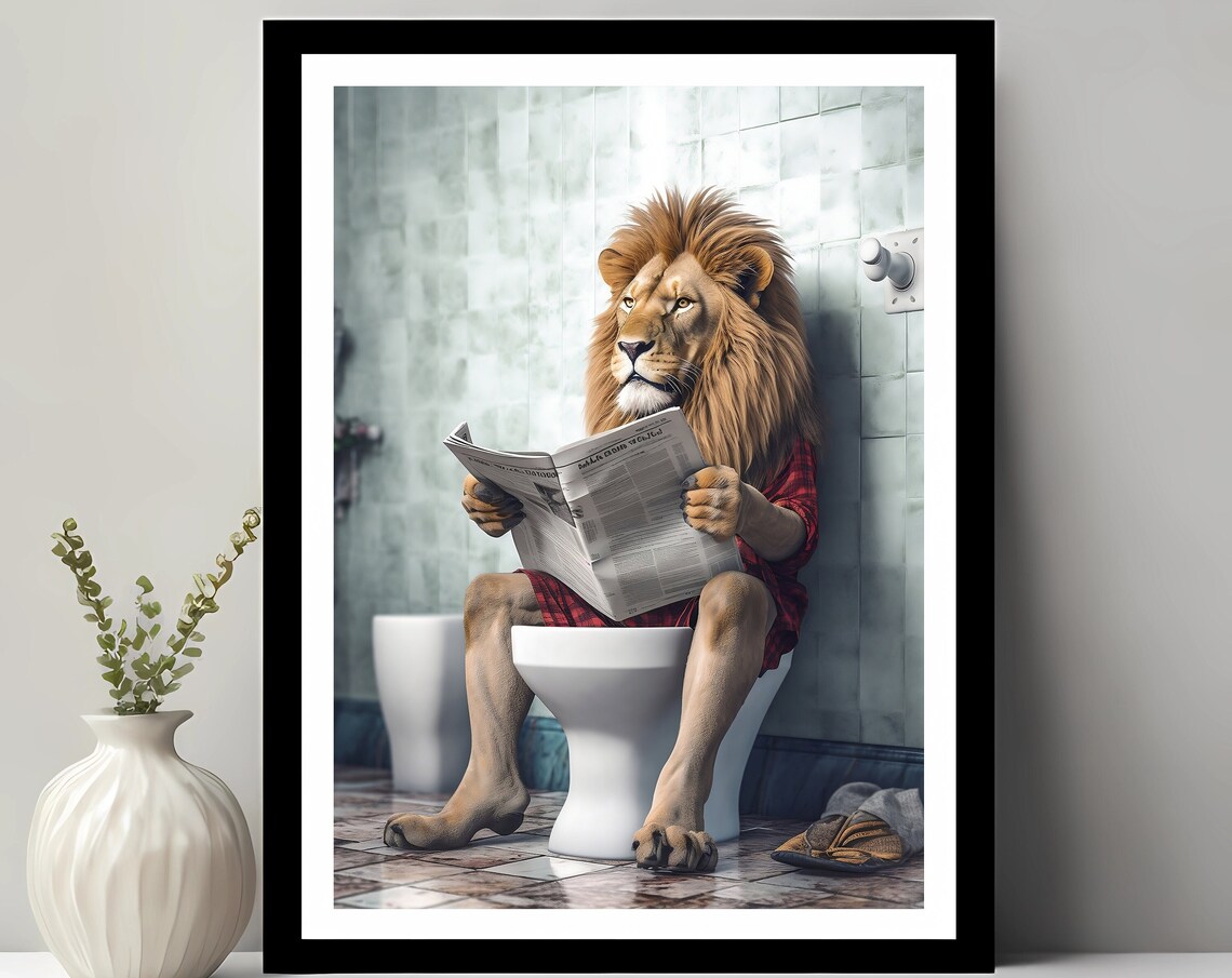Lion in Pajamas Reading Newspaper on Toilet Funny Bathroom Poster