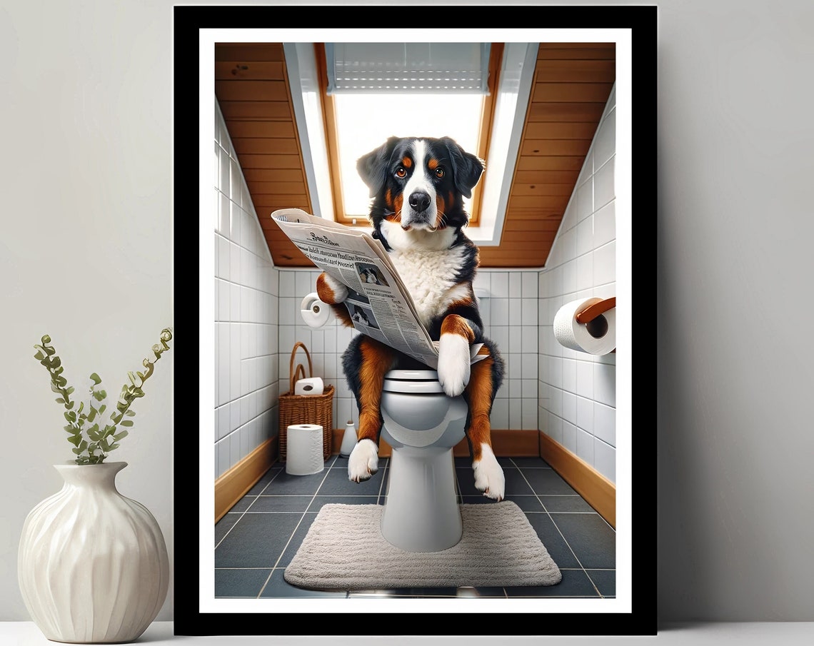 Funny Tricolor Dog Reading Newspaper On The Toilet Bathroom Poster