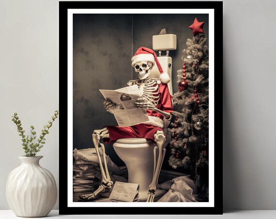 Skeleton Bathroom Christmas Art Print, Funny Holiday Decor