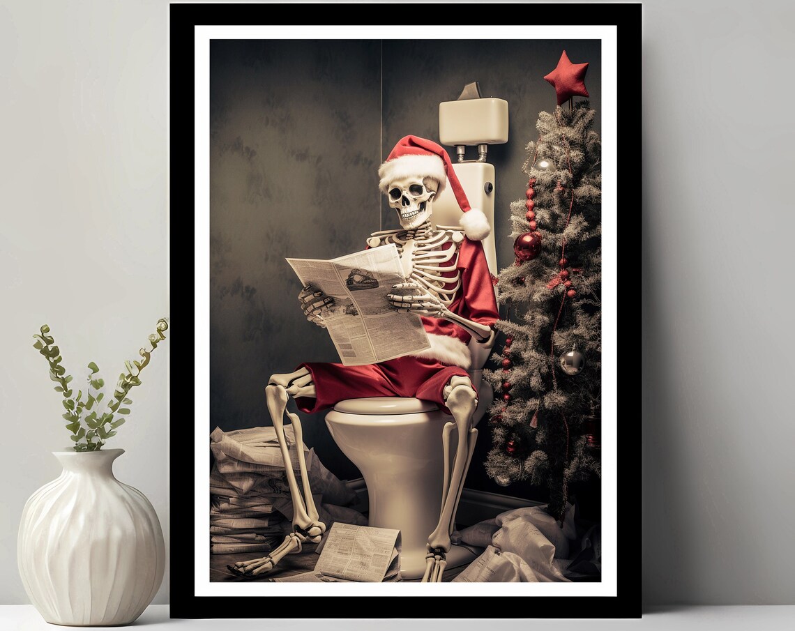 Skeleton Bathroom Christmas Art Print, Funny Holiday Decor