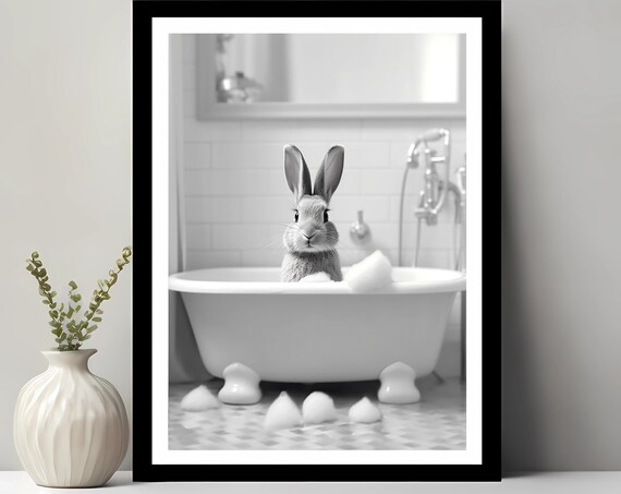 Cute Rabbit In Tub Art Print, Bathroom Kids Decor
