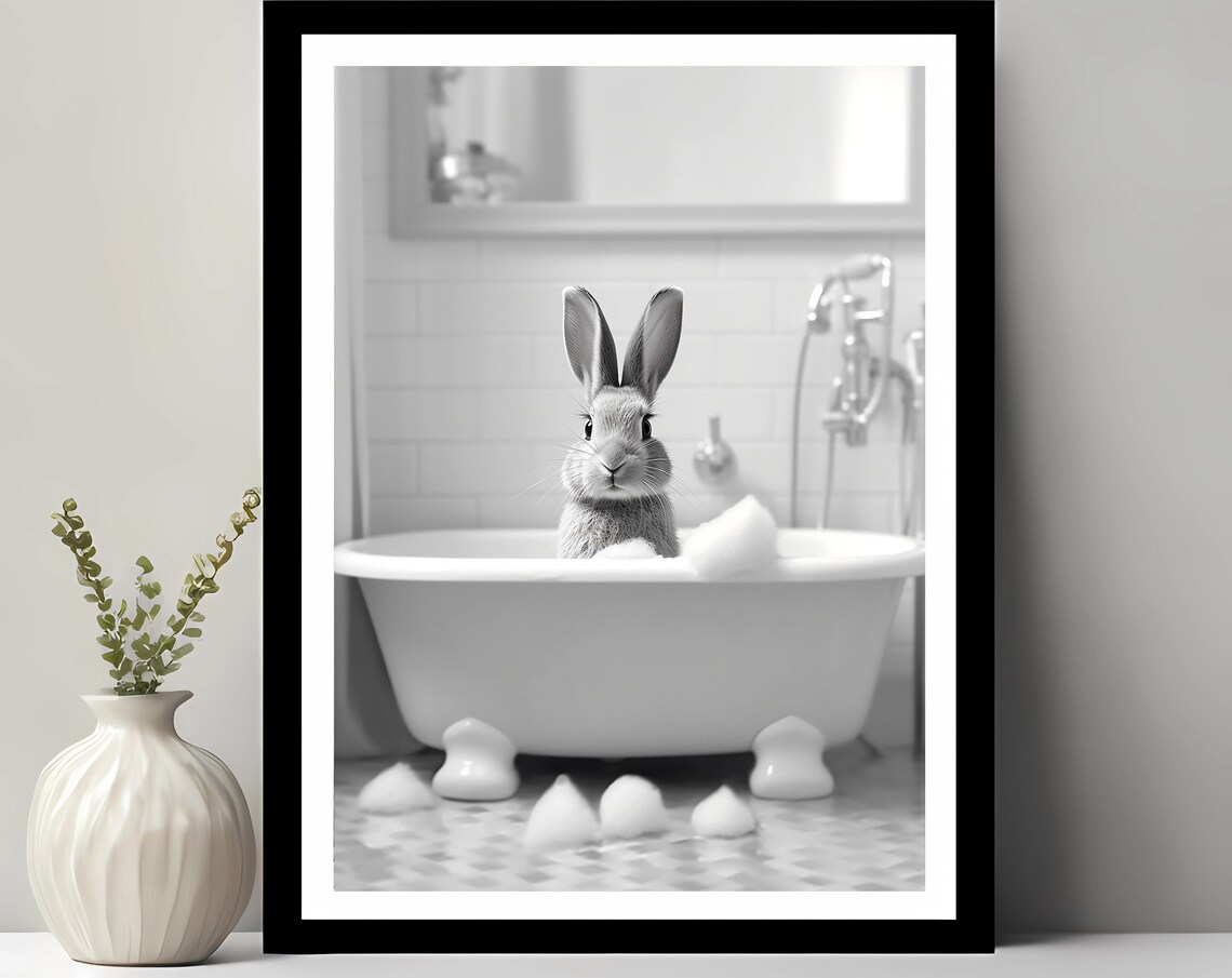 Cute Rabbit In Tub Art Print, Bathroom Kids Decor