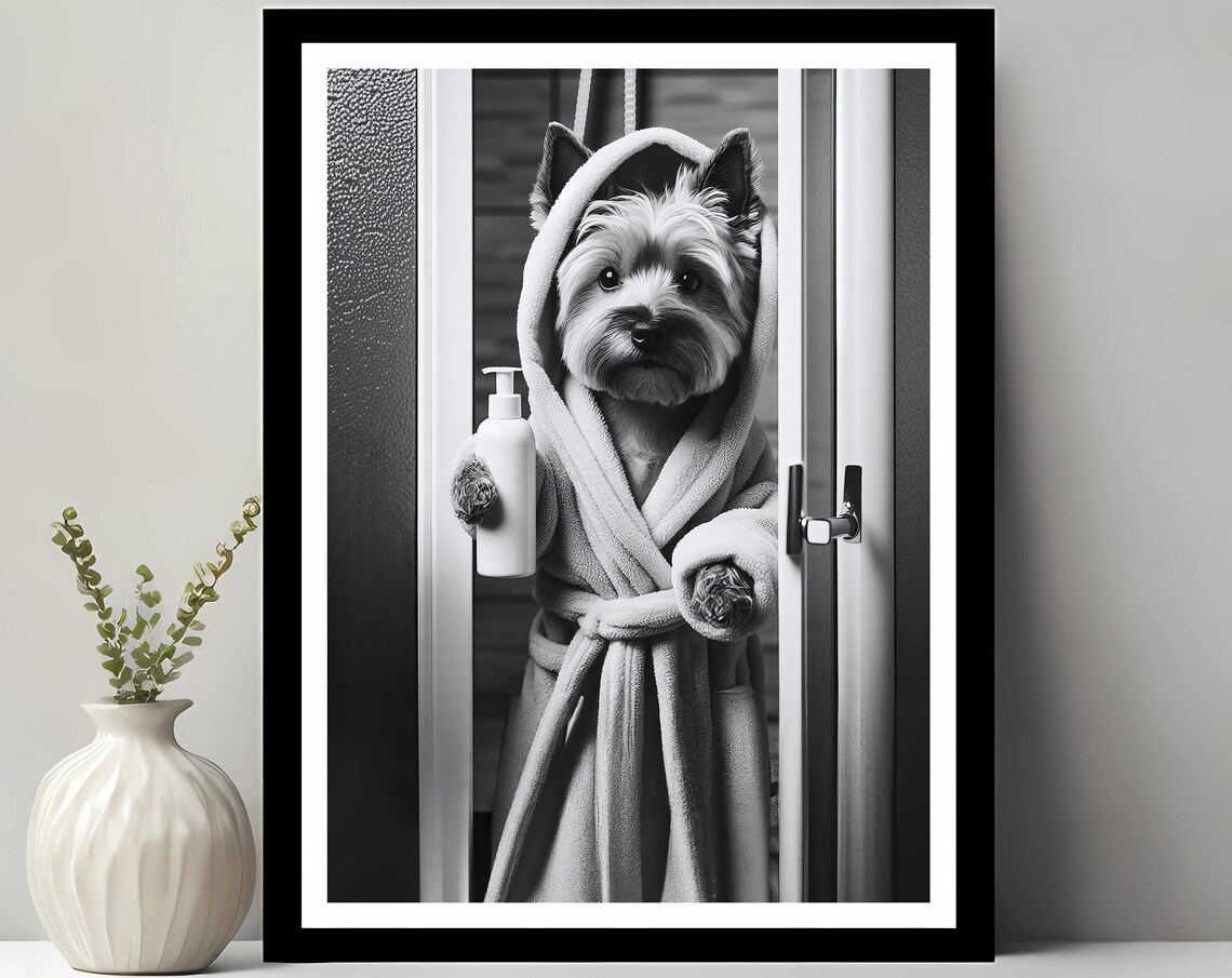 Cute Cairn Terrier Bathroom Art Print, Funny Decor