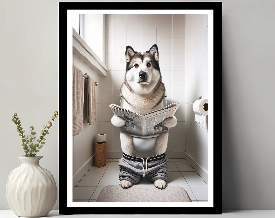 Canadian Inuit Dog on Toilet Reading Newspaper Funny Bathroom Poster