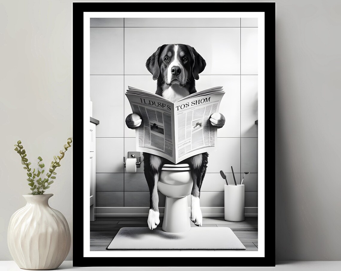 Large Tricolor Dog on Toilet Reading Newspaper Funny Bathroom Poster