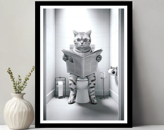 Funny Cat Sitting on a Toilet Reading Newspaper Black White Poster