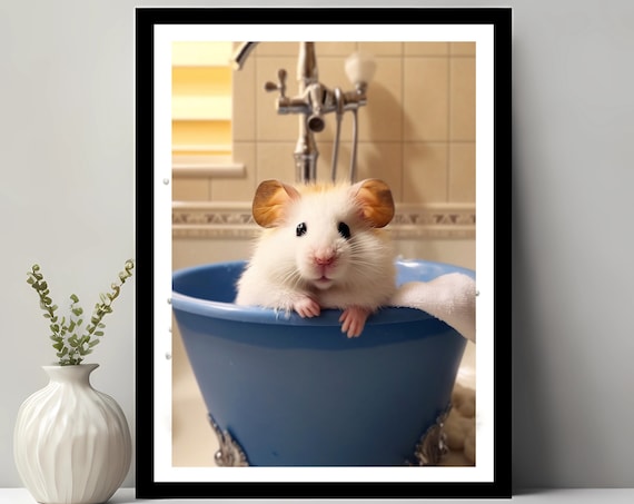 Hamster Taking A Bath In A Blue Tub Cute Pet Bathroom Poster