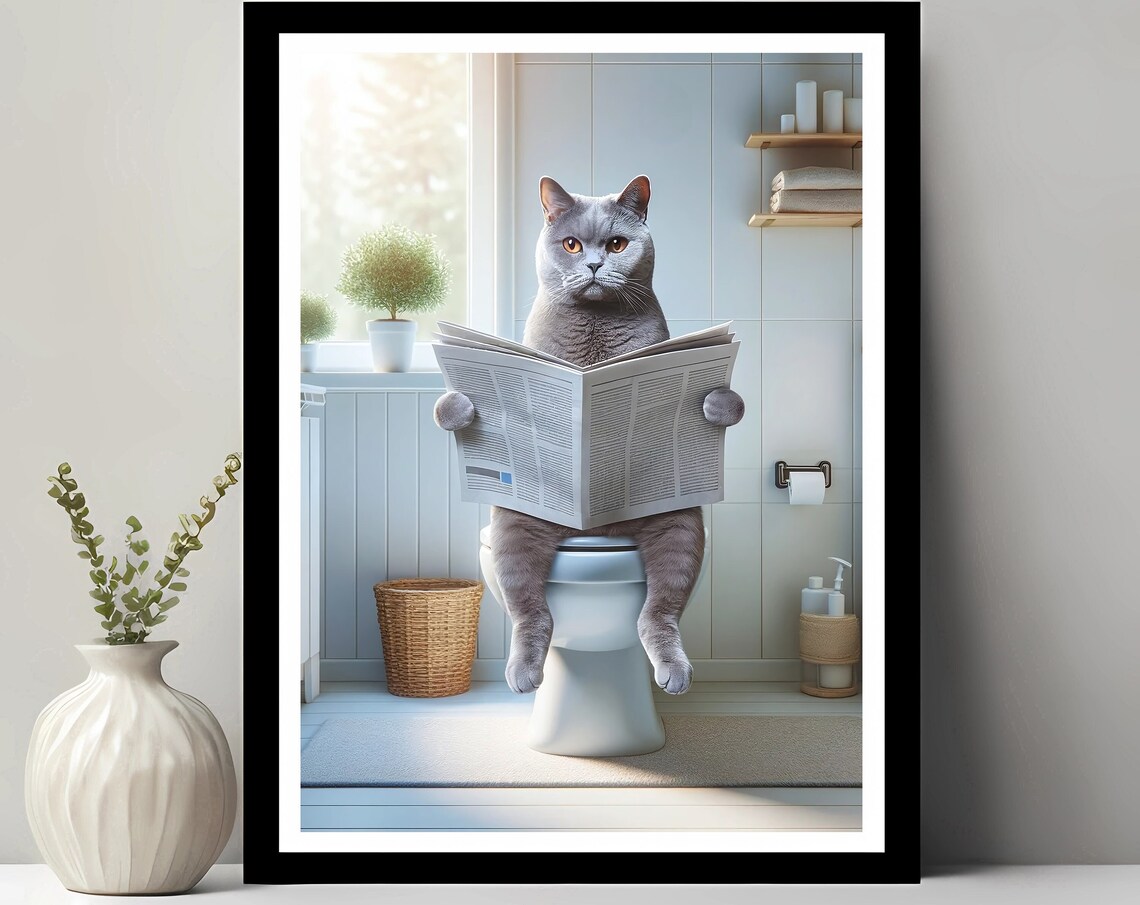 Chartreux Cat Wall Art Funny Bathroom Decor In Toilet Animal Petshop Gift