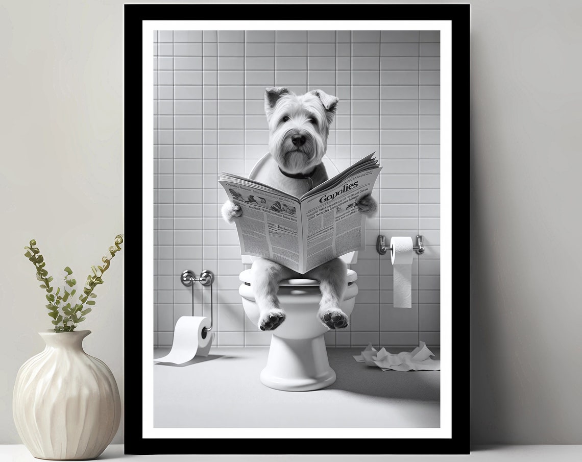 White Terrier Dog Reading Newspaper on Toilet Funny Bathroom Poster