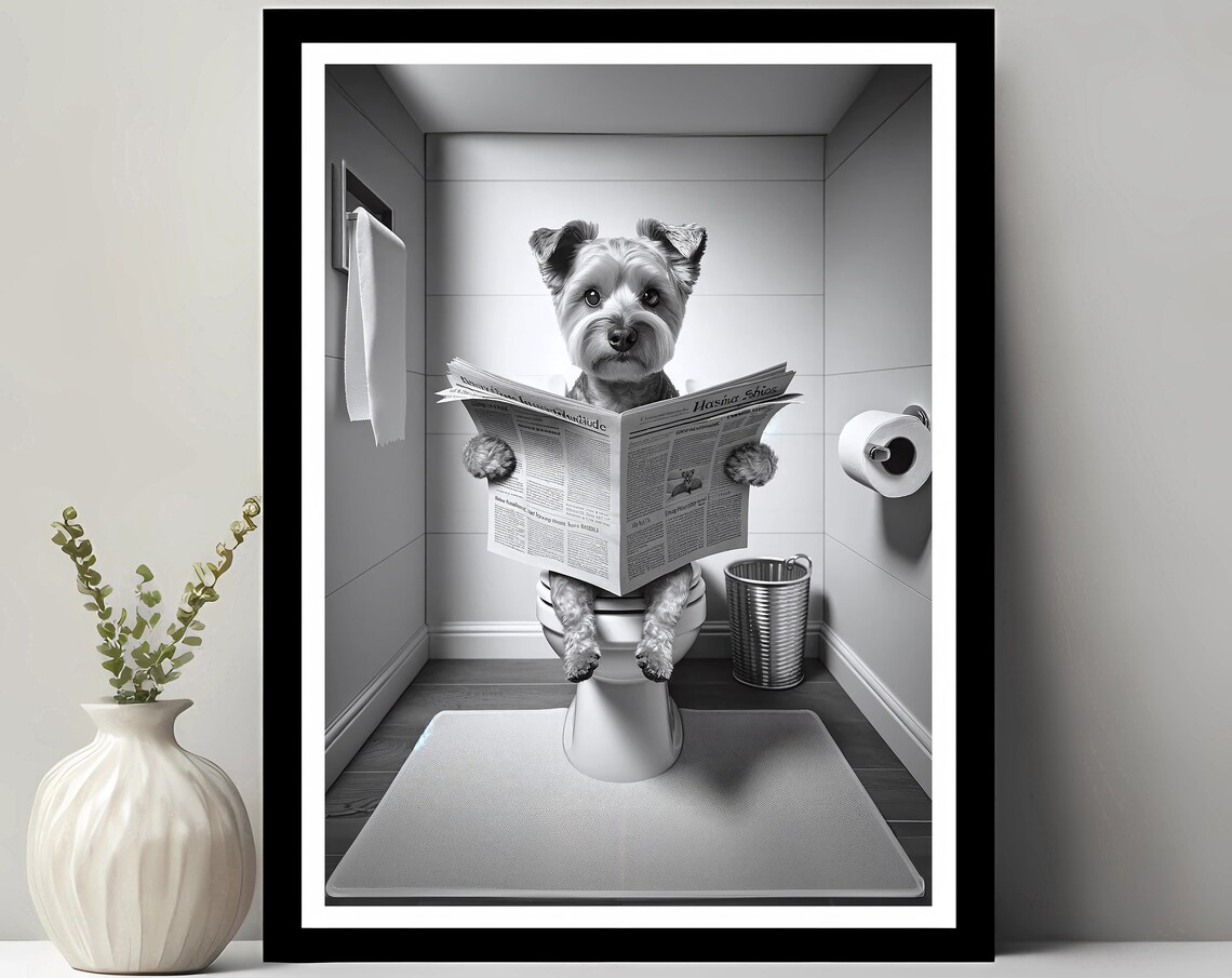 Terrier Reading Newspaper on Toilet Funny Bathroom Photo Poster