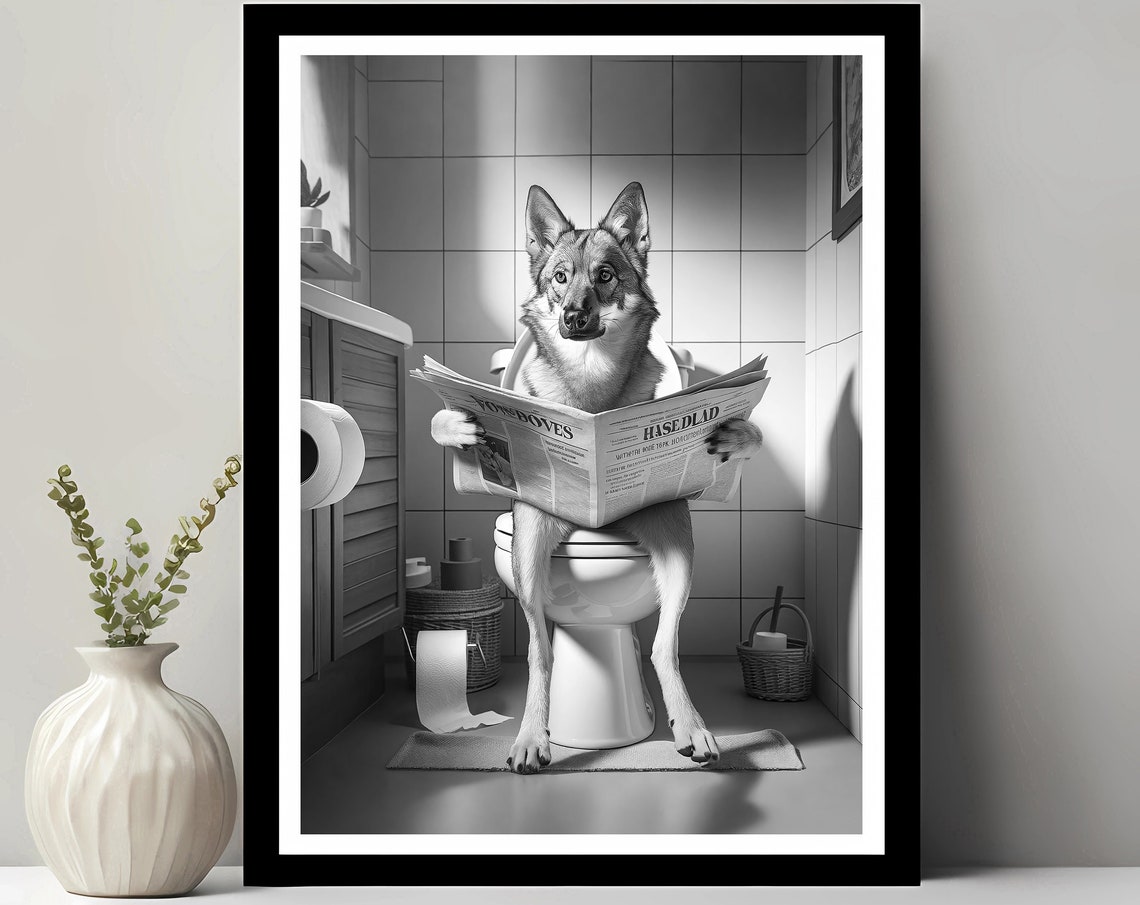 German Shepherd Reading Newspaper on Toilet Funny Bathroom Poster