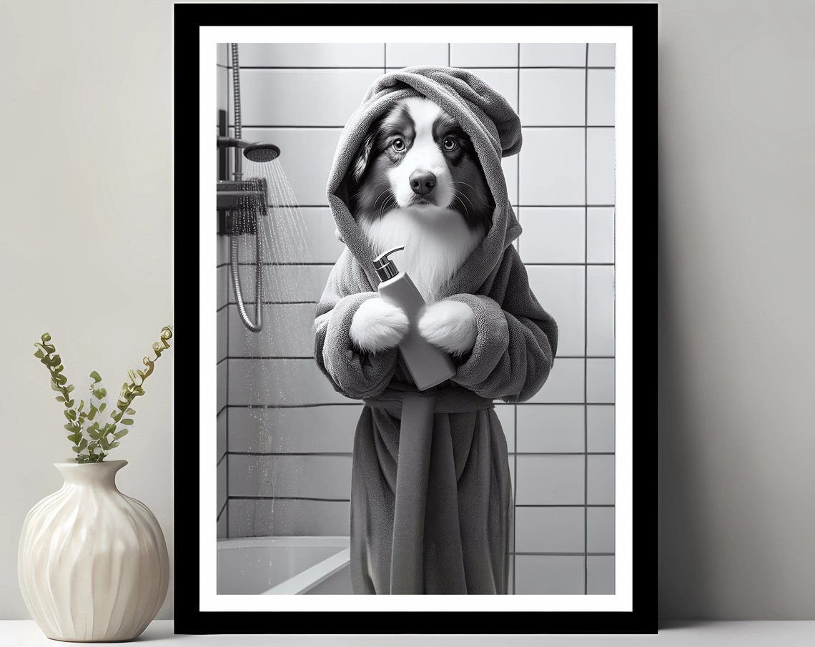 Australian Shepherd Hooded Bathrobe Shower Black White Bathroom Poster