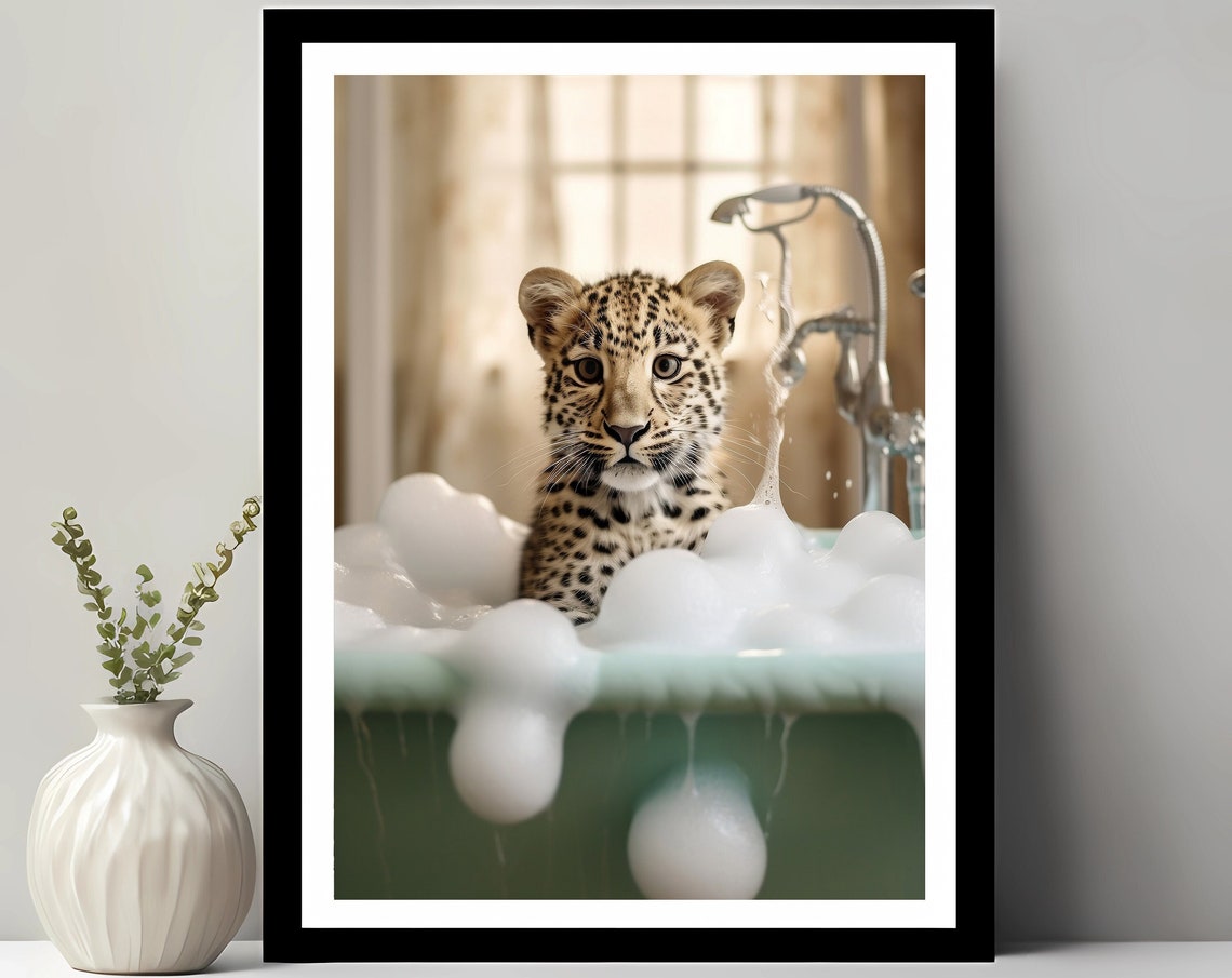 Leopard Cub in a Bubble Bath Cute Wild Animal Bathroom Poster