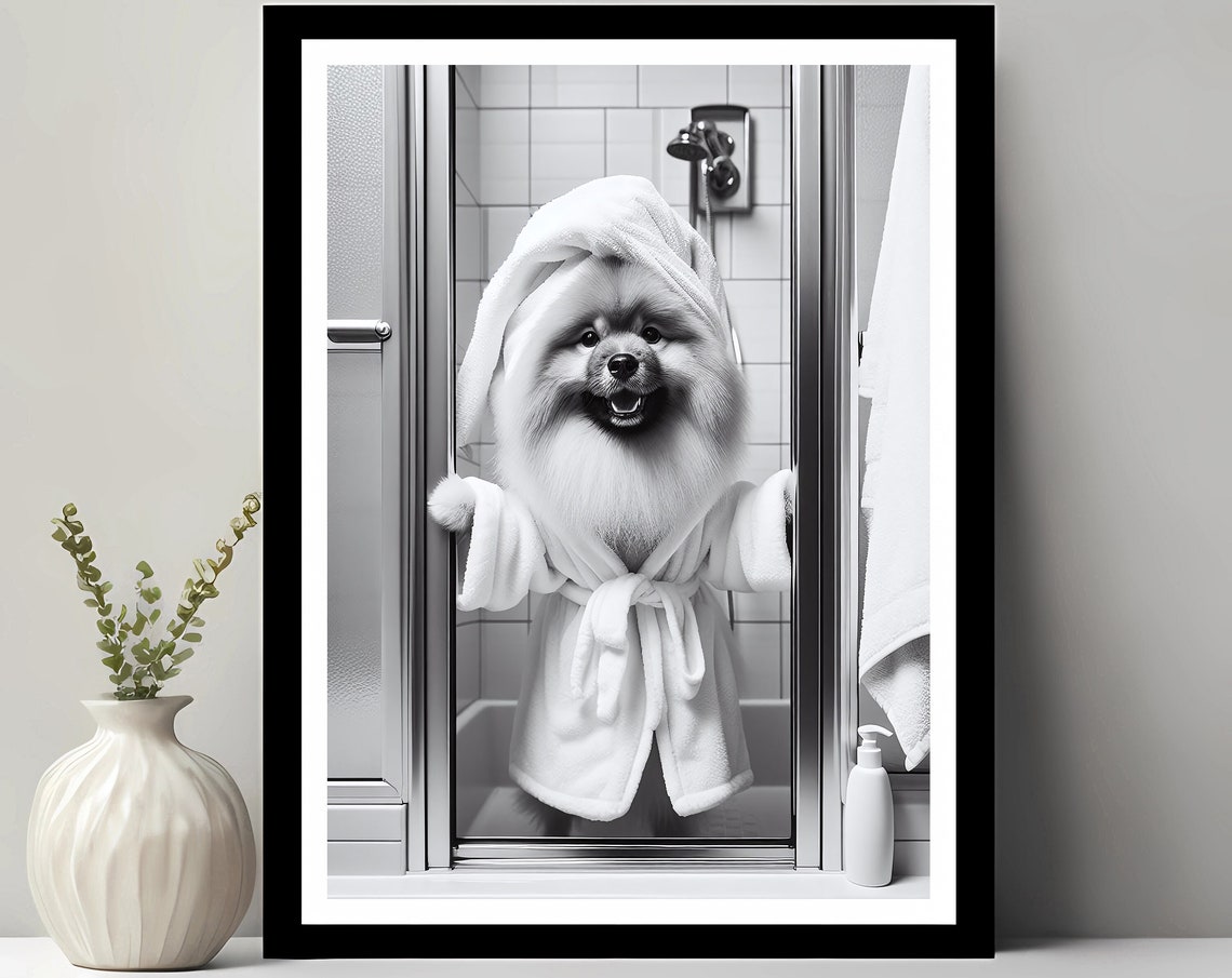 Smiling Fluffy Dog Bathrobe Towel Turban Cute Bathroom Spa Poster