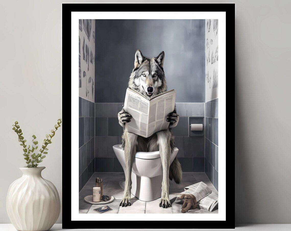 Funny Bathroom Wolf Kids In Toilet Animal Poster