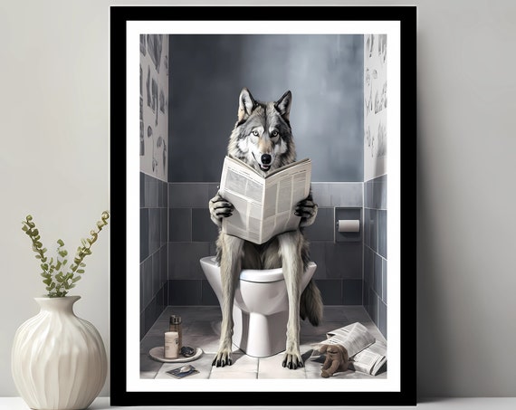 Funny Bathroom Wolf Kids In Toilet Animal Poster